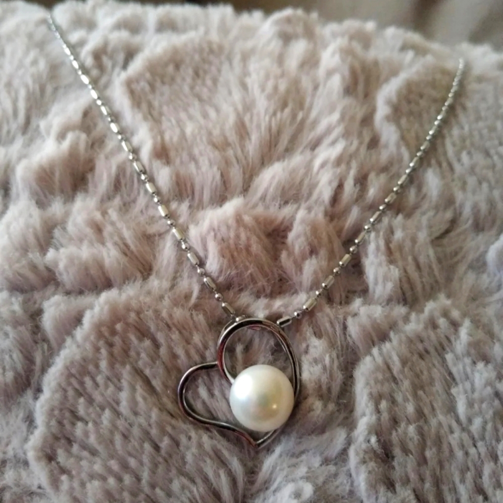10mm Akoya Pearl Sterling Silver Heart Necklace